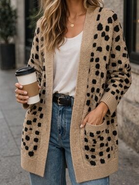 Mi Ami Tan Animal Print Oversized Open Cardigan Pockets Size S